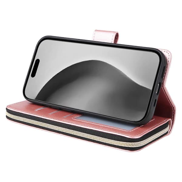 Läderfodral med dragkedja för iPhone 16 Pro Max, telefonfodral med 9 kortfack