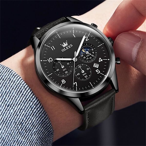 herrklockor svart läder analog kvarts kronograf lyx mode affärer lysande vattentät månfas datum armbandsur