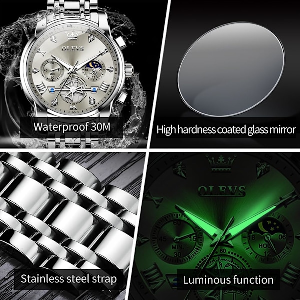 Herr Chronograph Rostfritt Stål Stor Urtavla Vattentät Klocka (Silver)