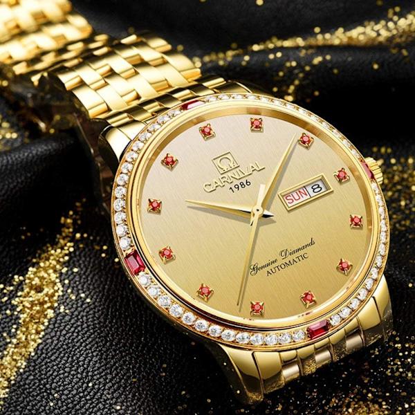 Automatiska lyxklockor för män Kristall Diamant Guld Tvåfärgad Klocka Datum Rostfritt Stål Armbandsur