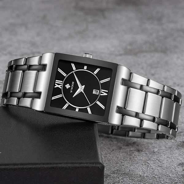 Fyrkantiga Herrklockor Rostfritt Stål Armband Affärsklocka Kalender Analog Display Kvarts Vattentät Trendig Herrarmbandsur