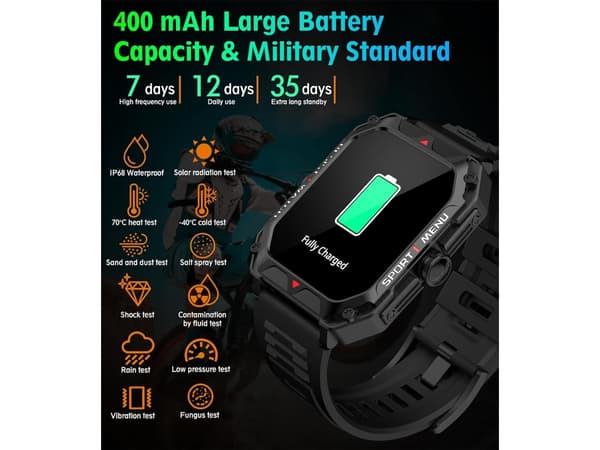 2.02 Tommer Smartwatch IP68 Vandtæt Fitness Tracker til iPhone og Android Sort