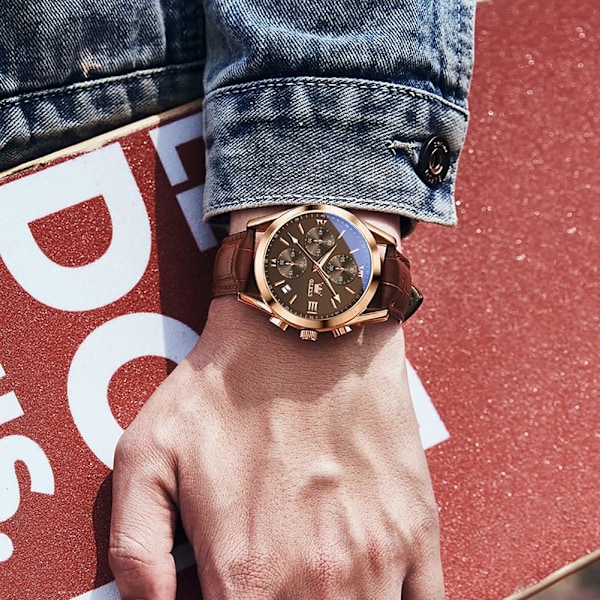 Herrklocka i Läder Stor Urtavla Vattentät Kvarts Chronograph med Datum (Brun)