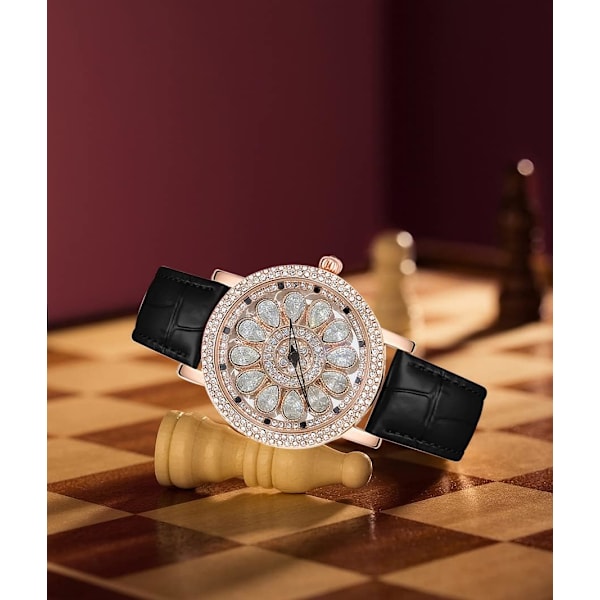 Damklocka Roterande Urtavla Diamant Lätt Lyx Damklockor Läderrem Analog Display Elegant Kvarts Armbandsur för Kvinnor