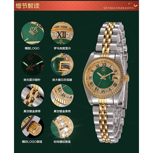 Lyxig Dam Analog Klocka Diamant Guld Rostfritt Stål Quartz Klocka Vattentät Kalender Lysande Klocka