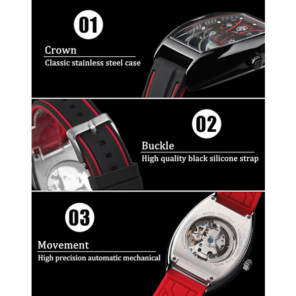 Herr Tonneau Skelettklocka Silikonarmband Automatiska Mekaniska Klockor, Arc Fyrkantig Urtavla Sport Unik Mode Armbandsur