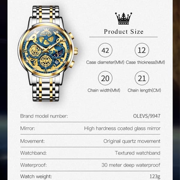 Herre Hollow Rustfrit Stål Chronograph Ur Vandtæt med Dato (Guld)