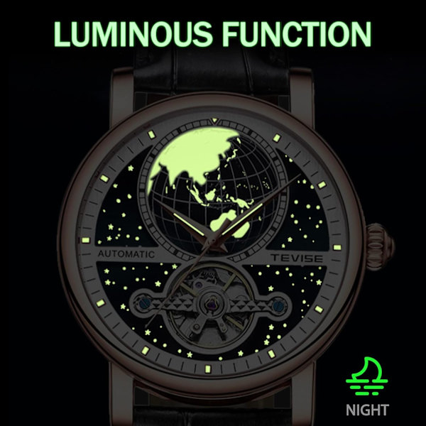 Herr Tourbillon Klocka Mekanisk Självuppdragande Klockor Lyxig Stjärnklar Jorddesign Läderarmband Blå Svart Självlysande Stor Urtavla Automatisk Armbandsur