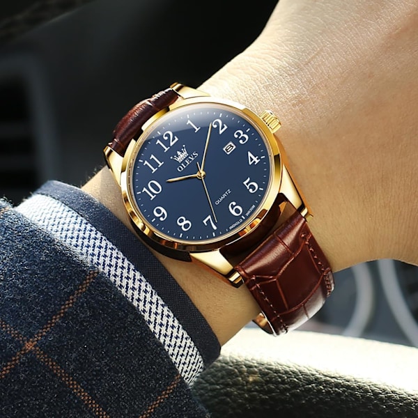 Herrklocka läder analog kvarts herrklocka klänning veckodatum business klassisk lysande läderrem 3ATM vattentät armbandsur älskare