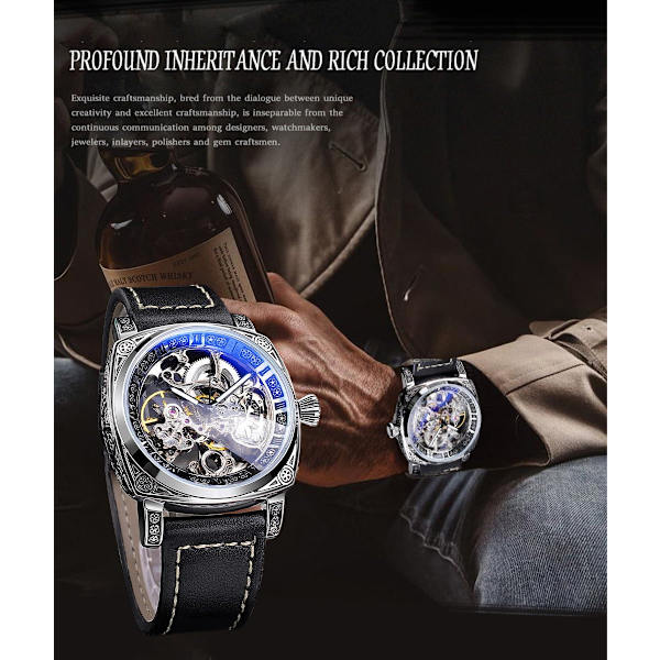 Europeisk ädel stil, lyxig mekanisk herrklocka, retro ihålig design, manuell och automatisk uppdragning, självlysande vattentät, läderarmband