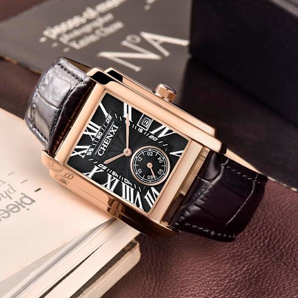 Fyrkantig Herrklocka Business Quartz Armbandsur för Män Datum Läderarmband Casual Stil 30M Vattentät