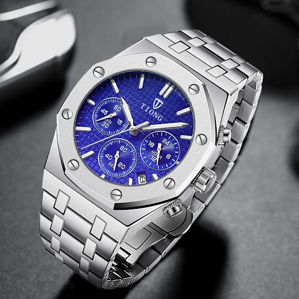 Tiong Herrklockor Kronograf Rostfritt Stål Vattentät Datum Analog Kvarts Klocka Business Casual Mode Armbandsur