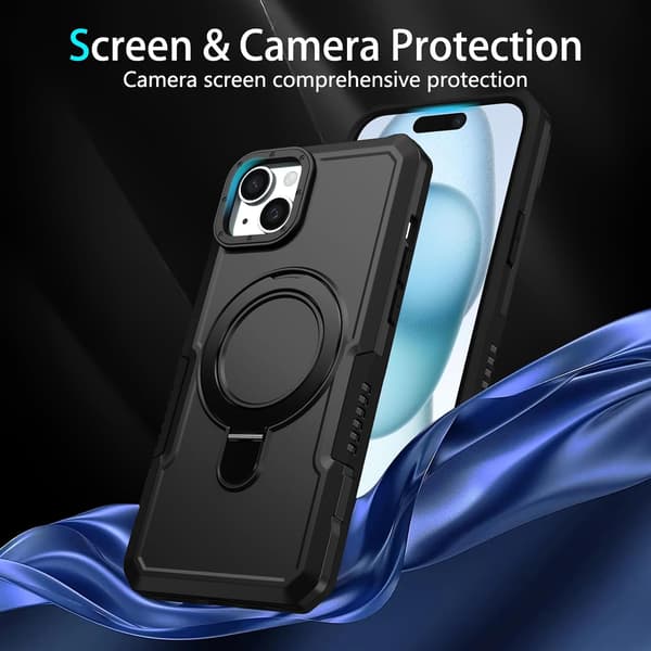 Telefoncover - iPhone 15 Plus - Hård PC + Blød TPU - Indbygget Skjult Støttefod - Sort