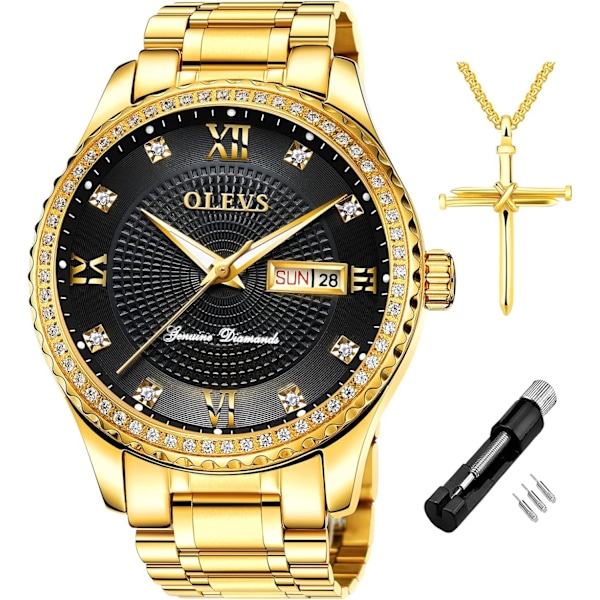 Herr Casual Quartz Klocka Självlysande Stor Urtavla Vattentät Diamant Rostfritt Stål Armbandsur (Guld)