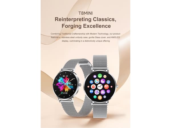 T8Mini Älykello 1,19'' Amoled Terveysapuri Naisille Hopea