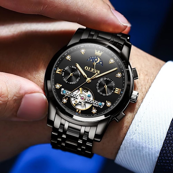 Automatiska herrklockor skelett Tourbillon självuppdragande diamant lyxarmbandsur rostfritt stål vattentät lysande månfas dag.