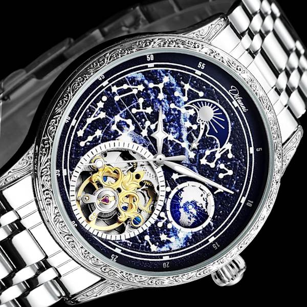Herrklocka med vackert lysande stjärnhimmel, självuppdragande tourbillon ihålig mekanisk månfasklocka, snidad vintage automatisk klocka