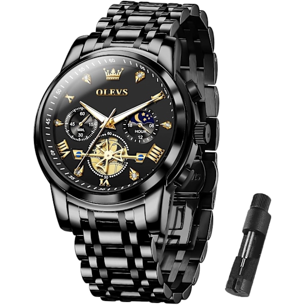 herrklockor lyx business rostfritt stål Chronograph Moon Phase vattentät datum analog kvartsklockor för män, silver/blå/svart/guld urtavla