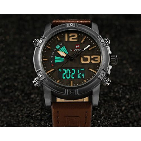 Mgae Herr Digital LED Sportklockor Herr Vattentät Läder Quartz Klocka Man Militär Herrklocka