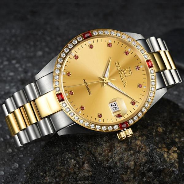 Herr Analog Automatisk Mekanisk Klocka Lysande Kalender Rostfritt Stål Armband Diamant 18K Guld Klocka