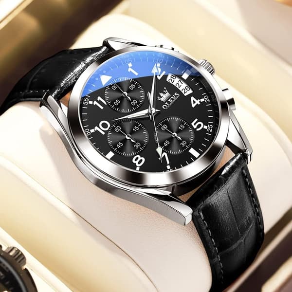 Herre Chronograph Quartz Lysende Pind Rustfrit Stål Vandtæt Ur (Sort)