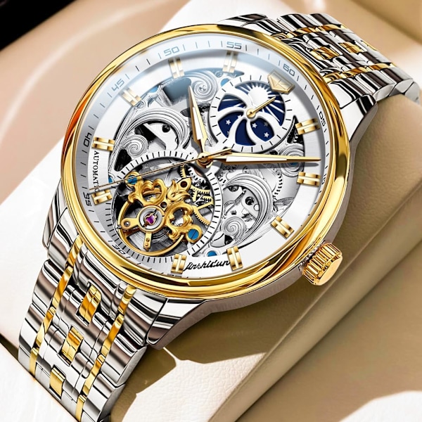 Skelettklocka för män Lyxig klänning svart läder silver guld Tourbillon Månfas automatisk mekanisk självuppdragande vattentät lysande armbandsur...