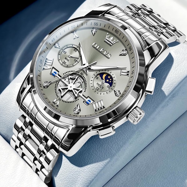 Herr Chronograph Rostfritt Stål Stor Urtavla Vattentät Klocka (Silver)