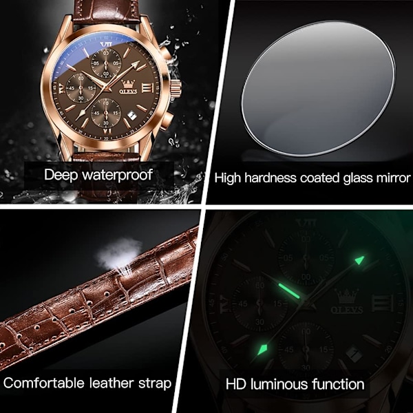 Herrklocka i Läder Stor Urtavla Vattentät Kvarts Chronograph med Datum (Brun)