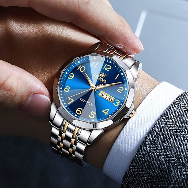 Herrklocka Business Dress Diamant Analog Quartz Datum Lyx Klassisk Rostfritt Stål Vattentät Ljusande Tvåfärgad Armbandsur
