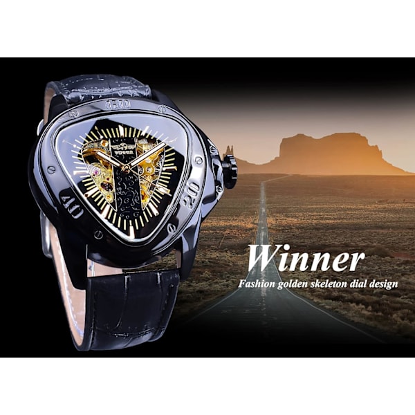 Winner Fashion Mekanisk Armbandsur Triangel Racing Urtavla, Vattentät Gyllene Skeletturtavla Automatisk Rörelse Läderdesign Mekanisk Klocka