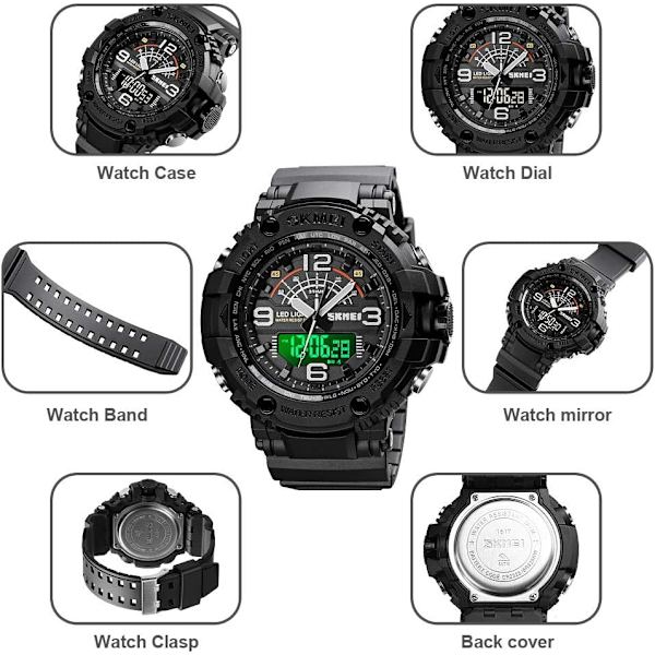 Analog Digital LED Herrklocka 50M Vattentät Utomhus Sportklocka Multifunktionell Casual Dubbel Display 12H/24H Stoppur Kalender Armbandsur