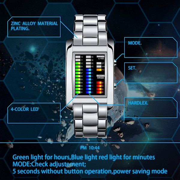 Nytt Populärt Märke LED Display Lyxig Digital Herrklocka Binär Tid Sport Armé Armbandsur Svart&Silver