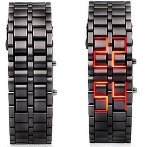 Lava-stil klocka i rostfritt stål för män, rödblå LED digital klocka, svart armbandsklocka