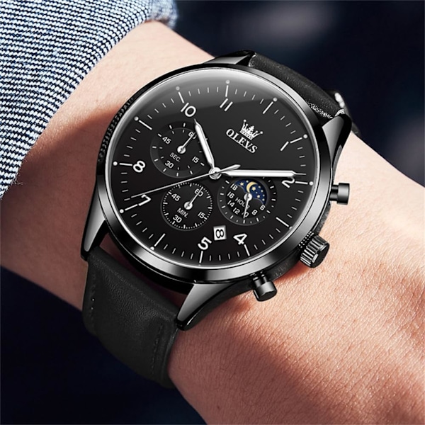 herrklockor svart läder analog kvarts kronograf lyx mode affärer lysande vattentät månfas datum armbandsur