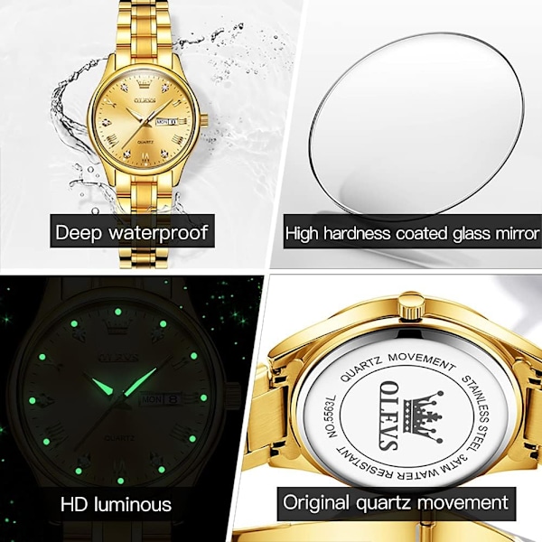 Damklocka Guld diamant klassisk elegant armbandsur rostfritt stål vattentät dag datum