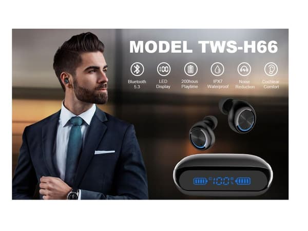 Hörlurar utan knappar, Touch Time Playback, Bluetooth, Vattentäta, Svarta
