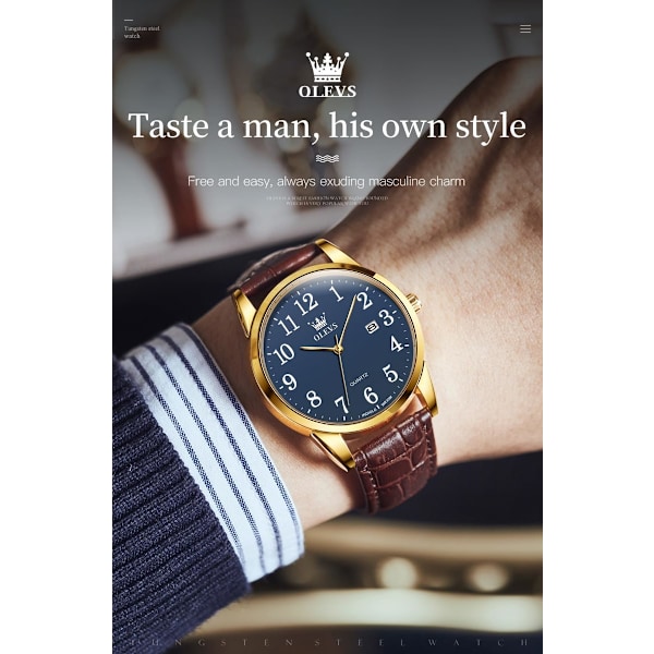 Herrklocka läder analog kvarts herrklocka klänning veckodatum business klassisk lysande läderrem 3ATM vattentät armbandsur älskare