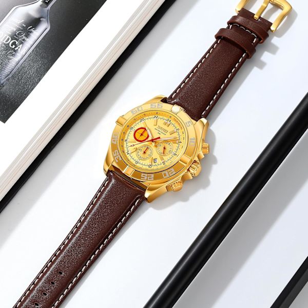 Retro Quartz Klockor för Män Kronograf Datum Herrarmbandsur Läderrem 30Vattentät Luminous Business Herrklocka