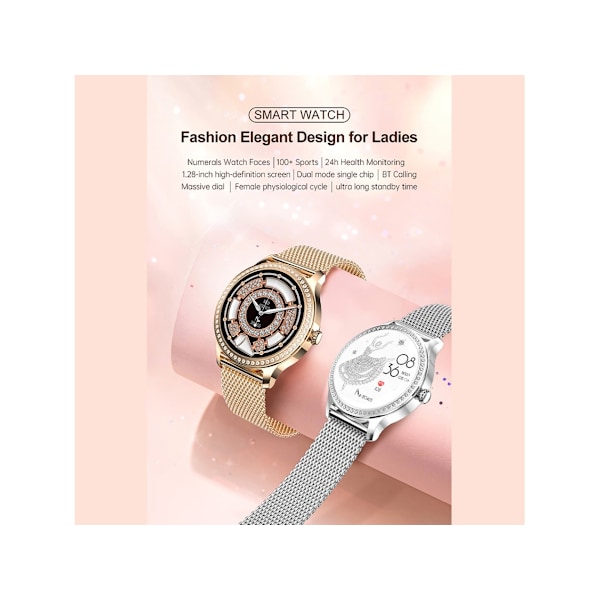 1.28 Tommer Diamant Touchskærm Smartwatch til Kvinder til Android Ios Sølv