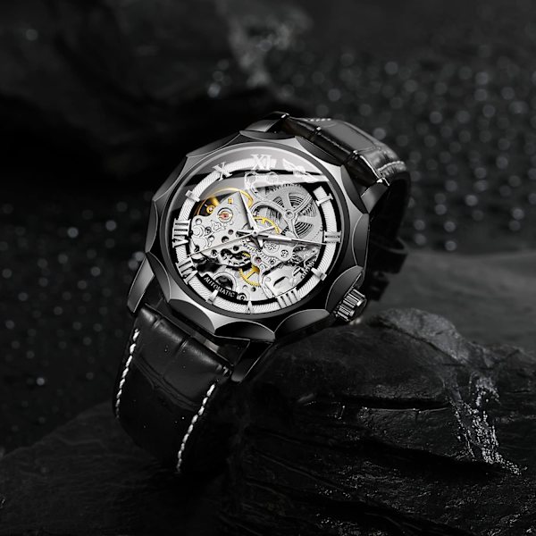 Automatisk mekanisk dodekagontklocka för män, skelett romerska siffror, äkta läderarmband, tourbillonarmbandsur