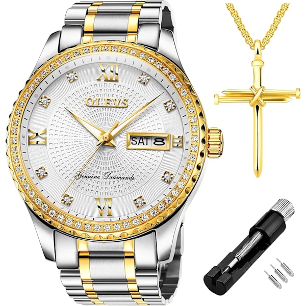 Herr Casual Kvarts Klocka Självlysande Stor Urtavla Vattentät Diamant Rostfritt Stål Armbandsur (Vit Silver)