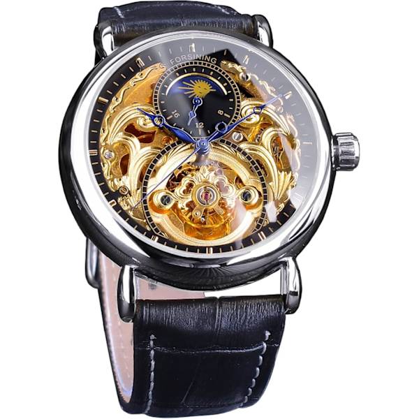 Lyxig herrklocka med månfas & Tourbillon, Retro Skelett Hollow Självuppdragande Mekanisk Armbandsur, Läderrem Automatisk Rörelse Herrklockor