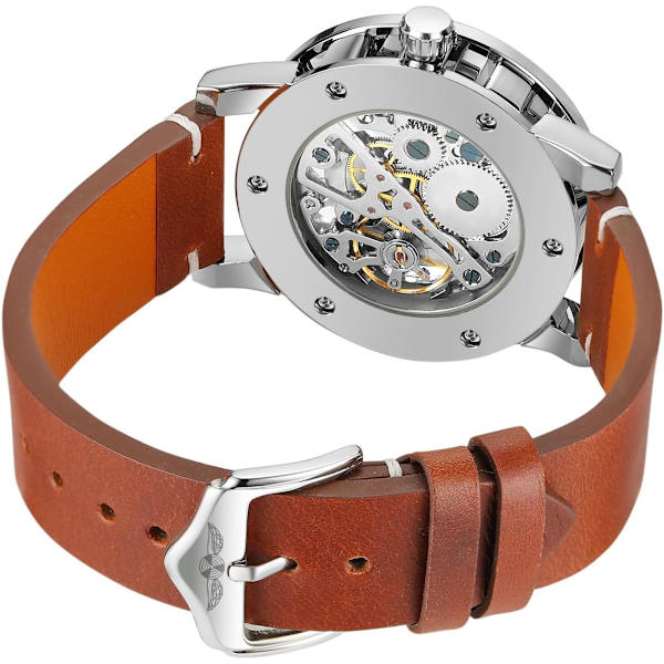 Manuell Mekanisk Skelettklocka för Män med Världskarta, Utskuren Analog Klocka med Äkta Läderarmband WRG8278M3S5