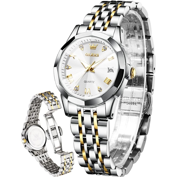 Damklocka Guld diamant klassisk elegant armbandsur rostfritt stål vattentät datum