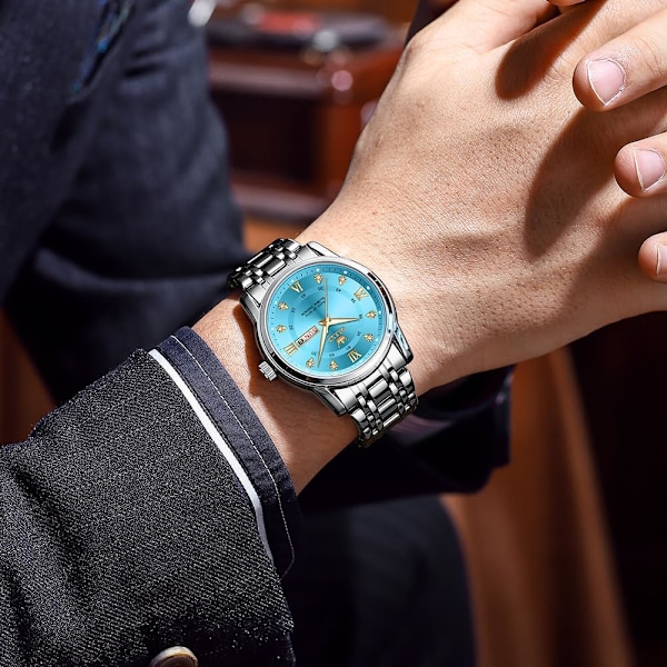 Herrklockor rostfritt stål analog kvarts kronograf månfasklocka vattentät lysande armbandsur för män present