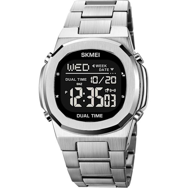 Dual Time LED Digital Klocka för Män Multifunktion Armbandsur Rostfritt Stål Business Vattentät Klocka Datum Alarm