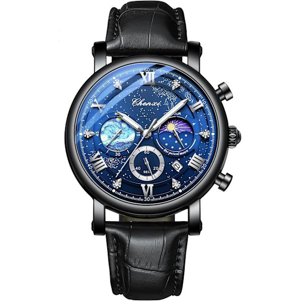 Herrklocka Business Dress Stjärnklar Himmelslysande Urtavla Månfas Kronograf Vattentät Analog Kvarts Kalender Läderrem Armbandsur för Män