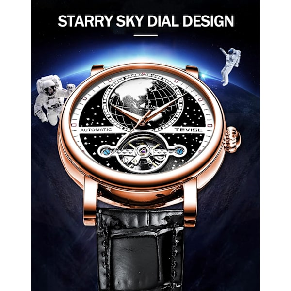 Herr Tourbillon Klocka Mekanisk Självuppdragande Klockor Lyxig Stjärnklar Jorddesign Läderarmband Blå Svart Självlysande Stor Urtavla Automatisk Armbandsur