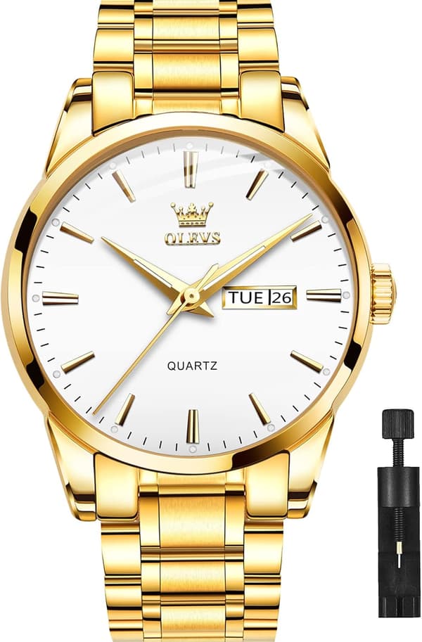 Klassisk vandtæt lysende quartz-ur til mænd (guld stål hvid urskive)