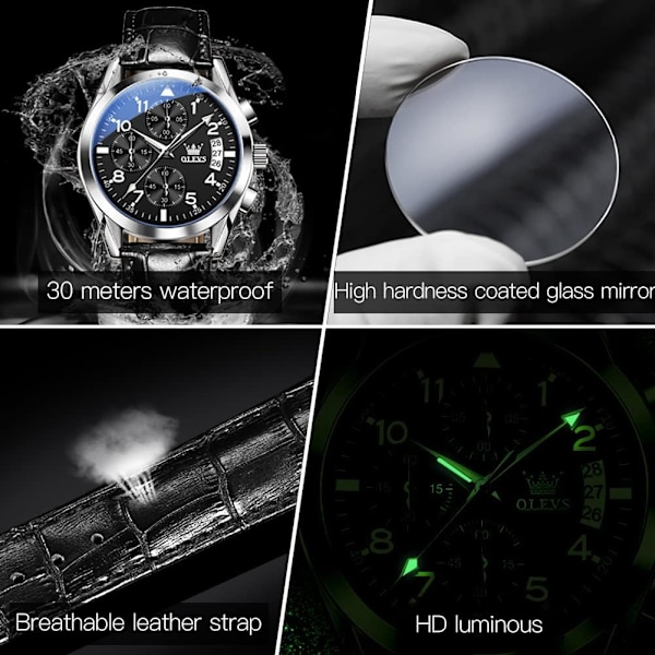 Herr Chronograph Kvarts Lysande Visare Rostfritt Stål Vattentät Klocka (Svart)
